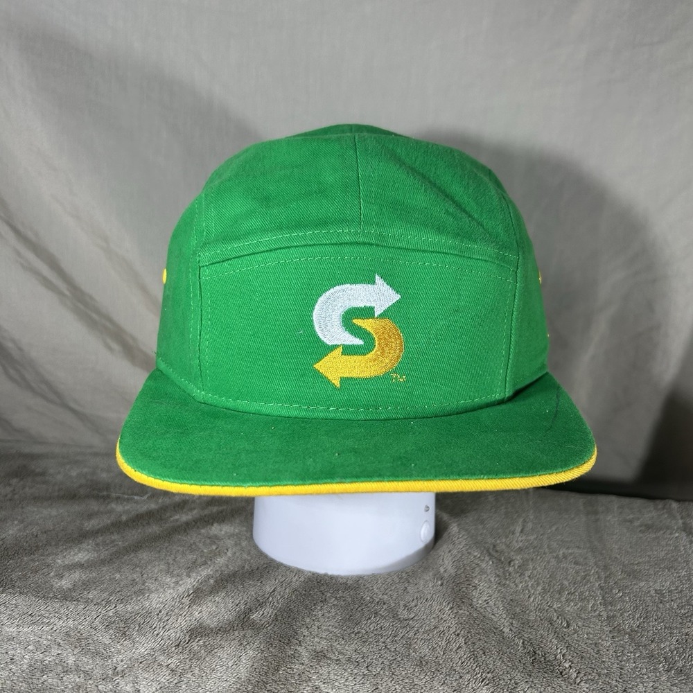 Subway Employee Uniform Hat Green Yellow 5 Panel Snapback Cap Embroidered Logo